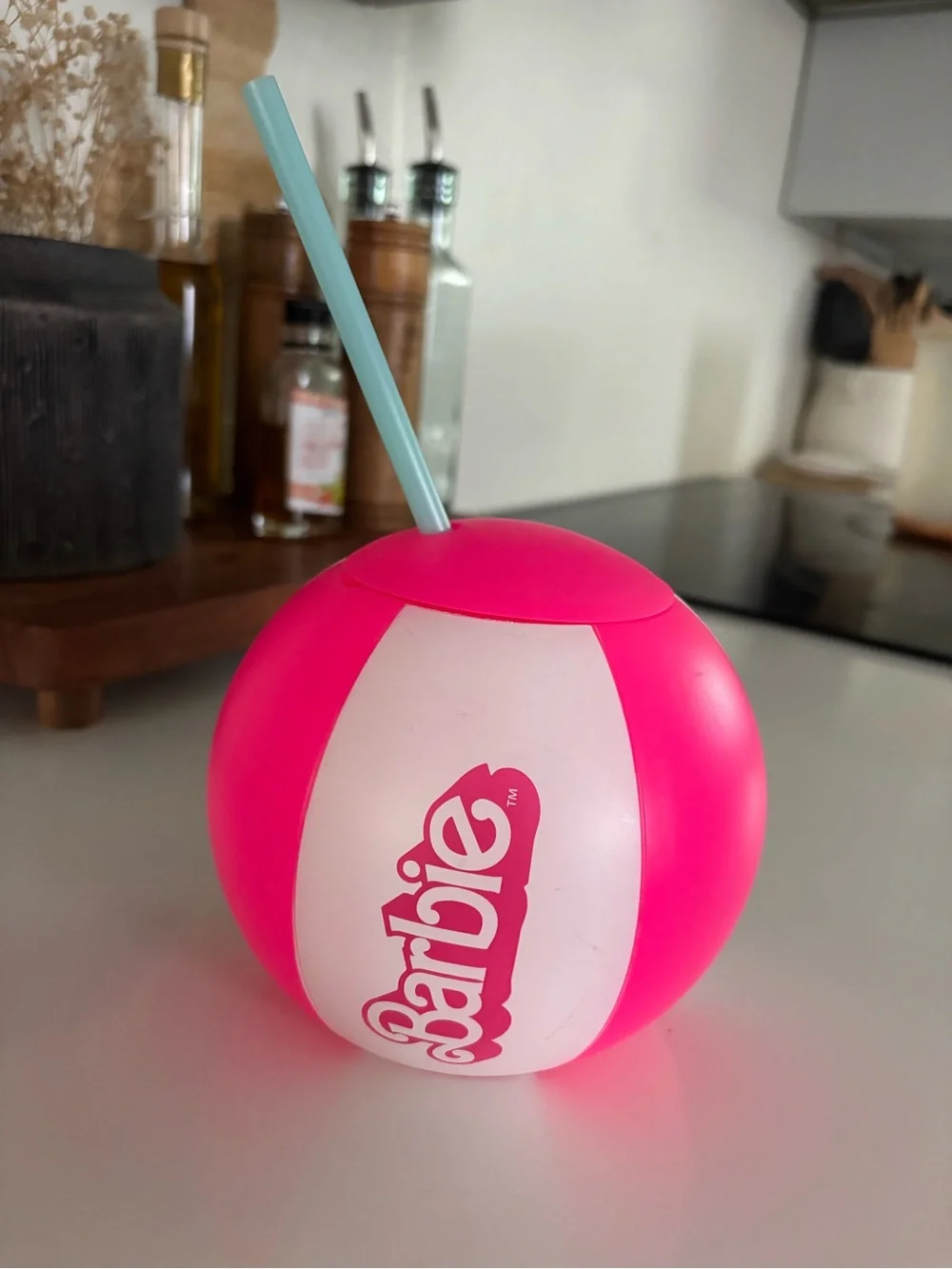 Barbie Bright Pink and White Round Drink Cup with Mint Straw